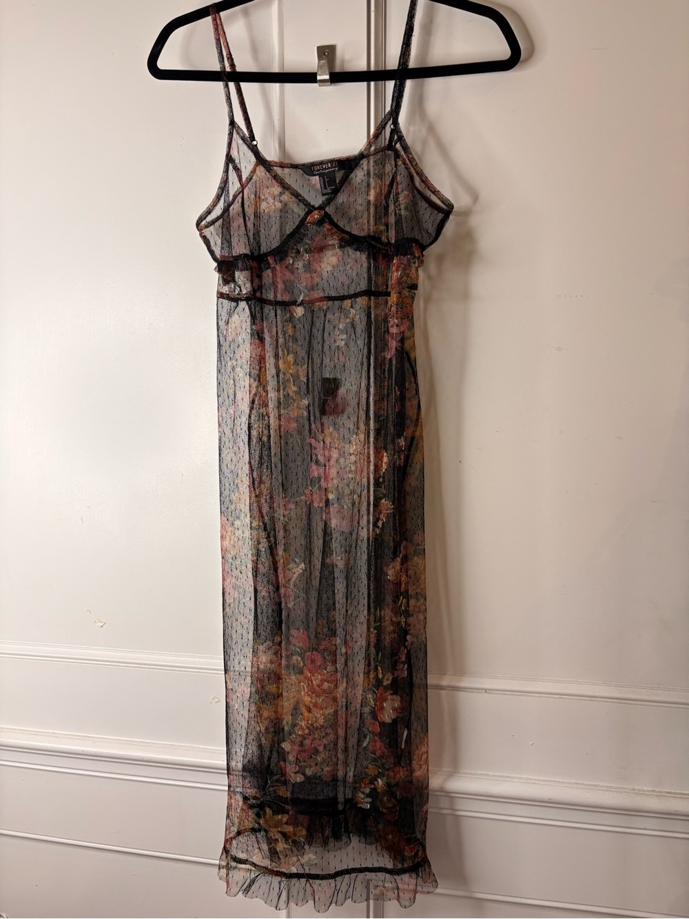 Boho Floral Black Sheer Maxi Dress with Spaghetti Straps